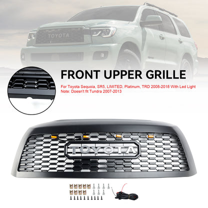 TRD PRO Style Grille For Toyota Sequoia 2008-2018 Front Bumper Black Replacement Grill With Led Light