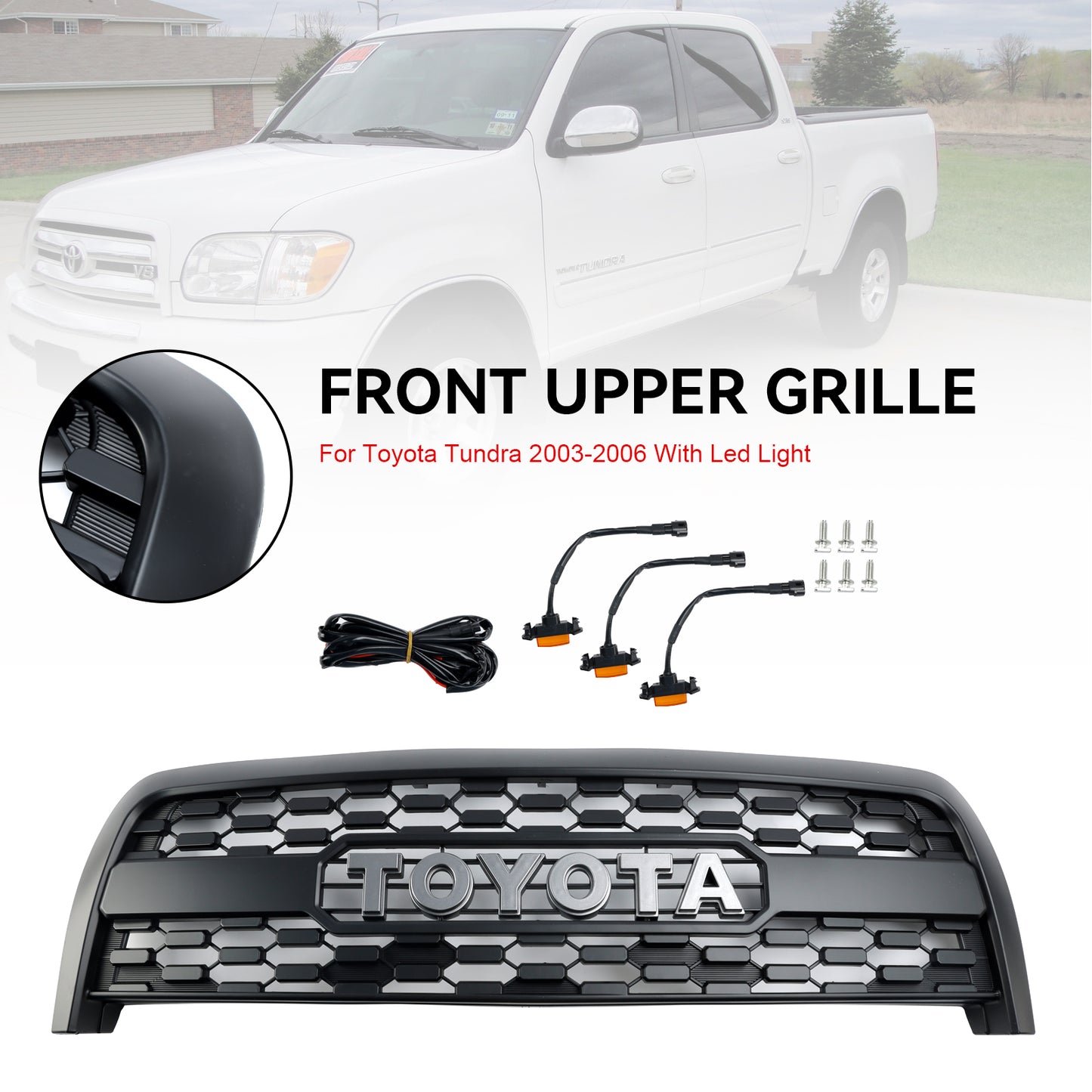 2003-2006 Toyota Tundra TRD PRO Style Front Bumper Grill Replacement Matte Black Grille W/ LED