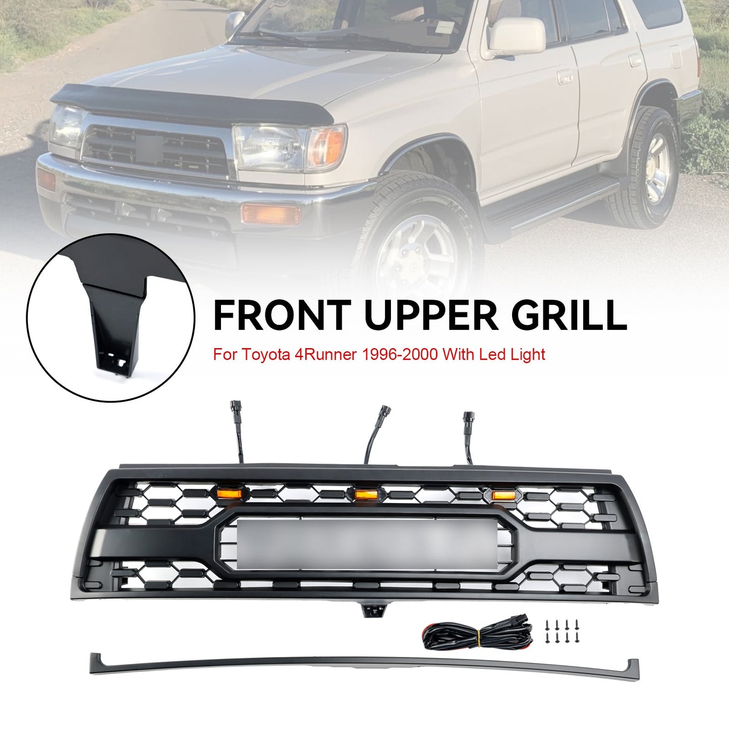 Toyota 4Runner 1996 1997 1998 1999 2000 Front Grill TRD PRO Style Black Replacement Grille With LED Light & Letter
