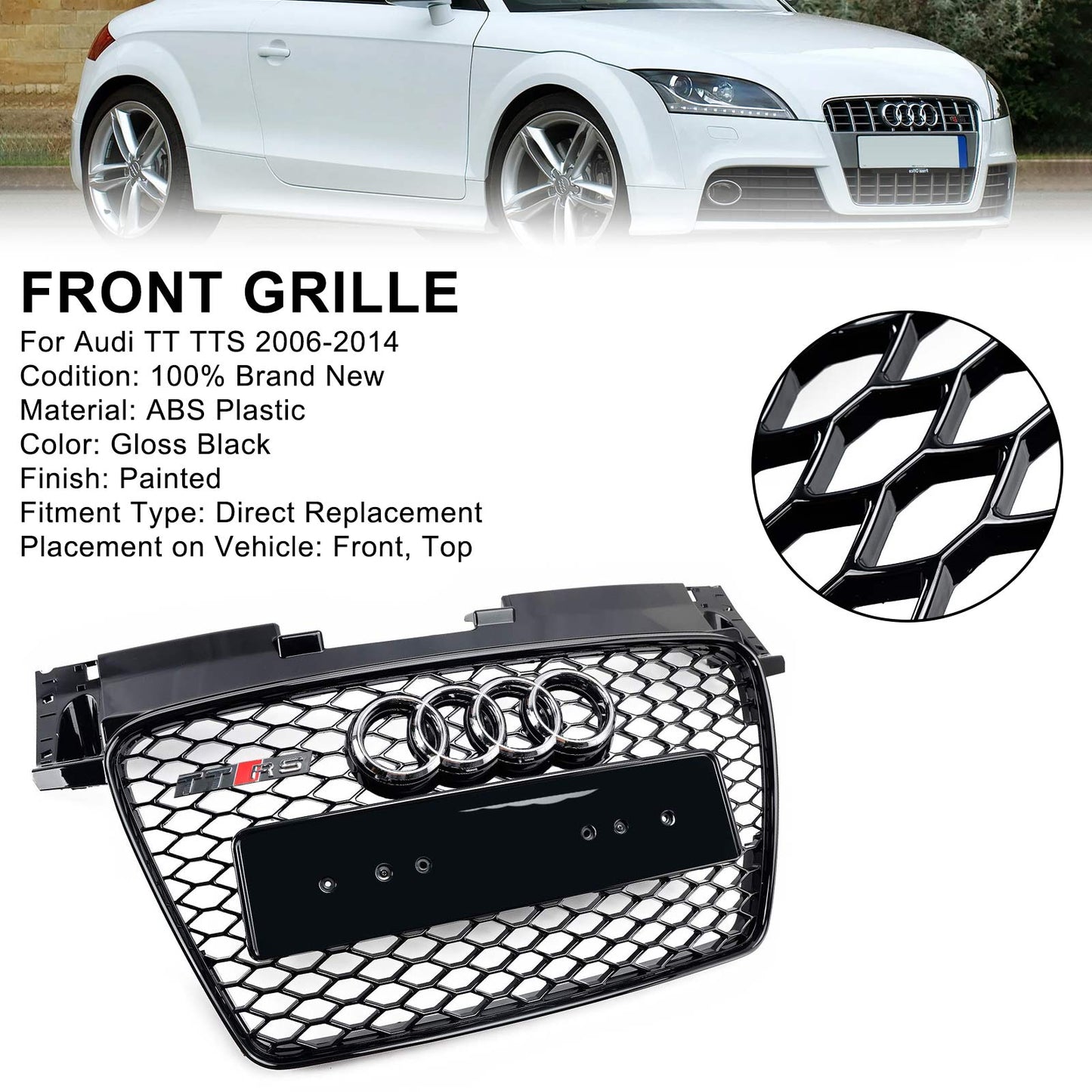 2006-2014 Audi TT /TTS J8 MK2 Honeycomb Front Grill RS Glossy Black Air Intake Radiator Sport Grille