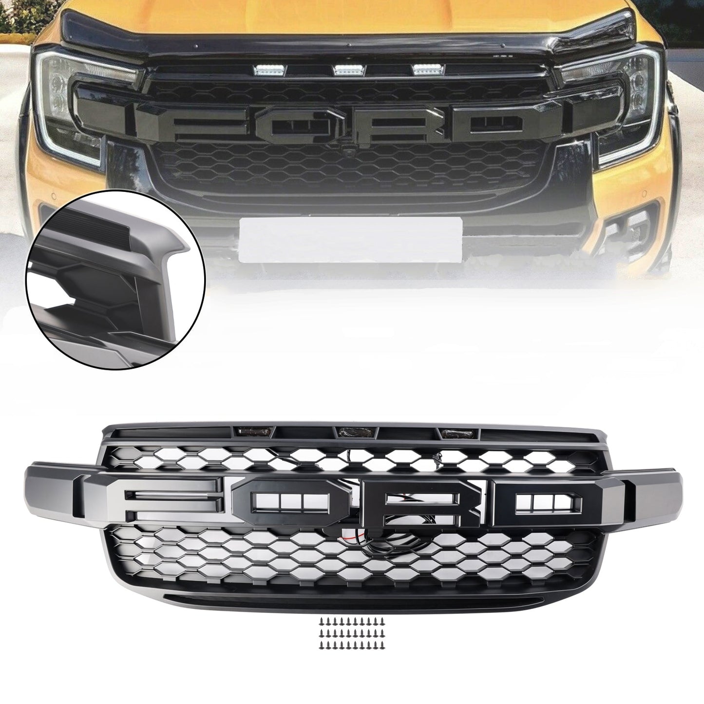 2023 2024 Ford Ranger Front Grill Raptor Black Grille With White LED Light With Camera Mount