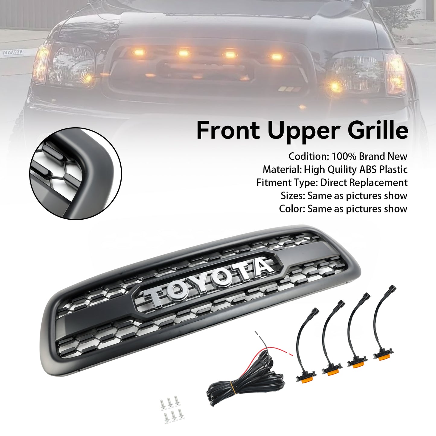 Toyota Sequoia 2001 2002 2003 2004 Front Replacement Grille TRD RPO Style Black Honeycomb Grill W/ LED Lights