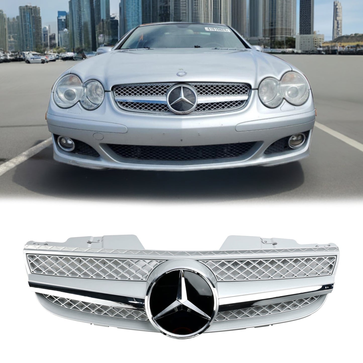 2007-2008 Mercedes Benz SL-Class R230 SL500 SL550 SL600 SL63 AMG Front Bumper Grill Silver Chrome Grille