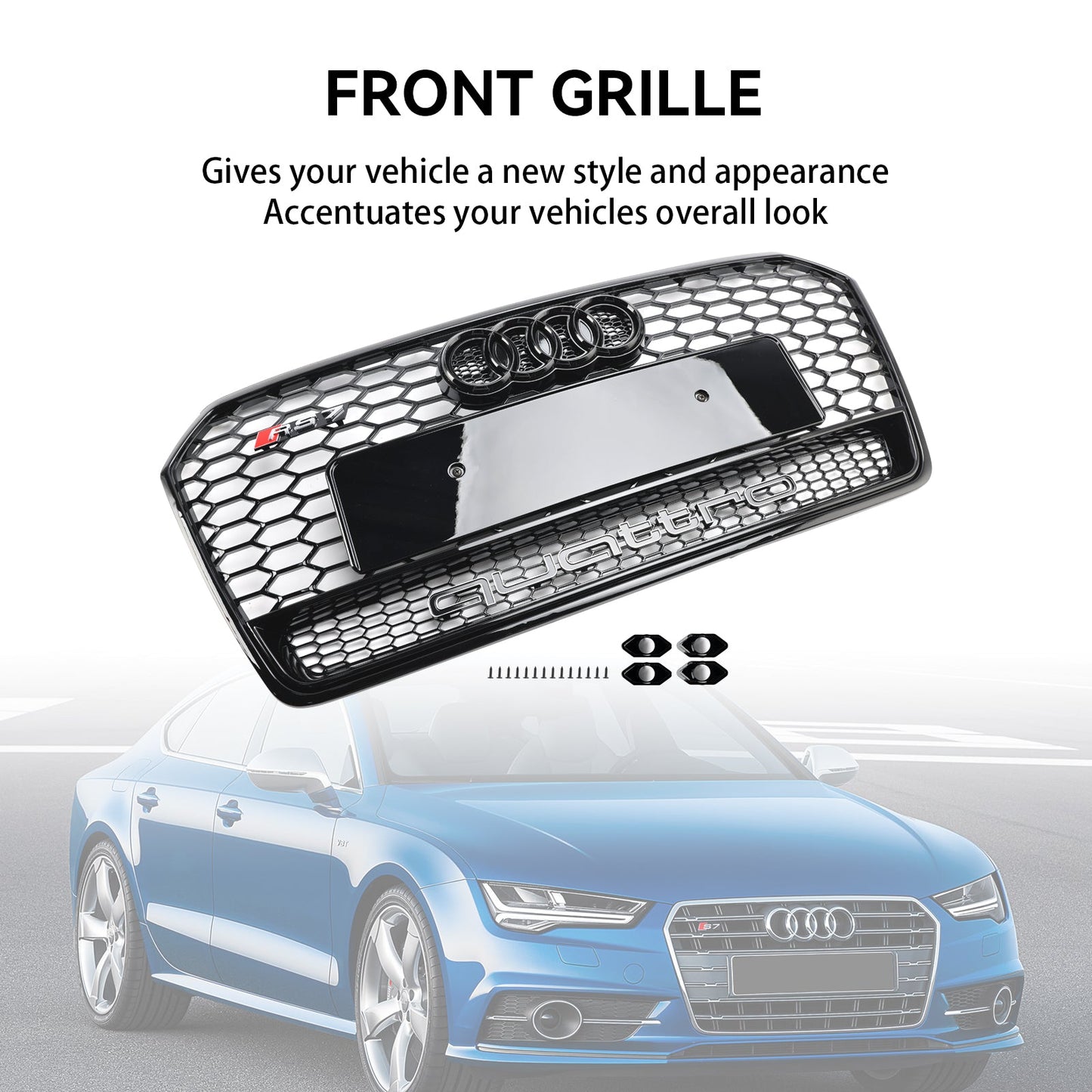2016-2018 Audi 4G A7 S7 Facelift RS7 Quattro Style Front Bumper Grill Glossy Black Honeycomb Grille W/ Ring Emblem