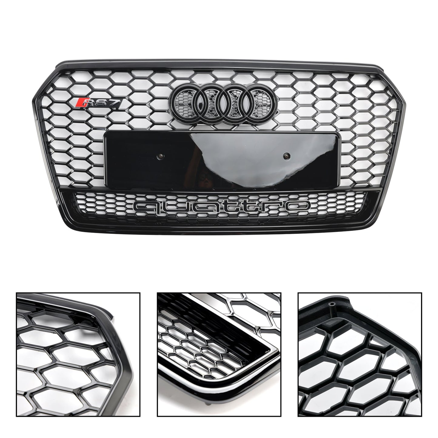 2016-2018 Audi 4G A7 S7 Facelift RS7 Quattro Style Front Bumper Grill Glossy Black Honeycomb Grille W/ Ring Emblem