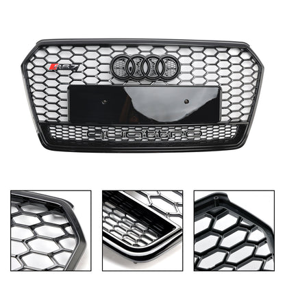 2016-2018 Audi 4G A7 S7 Facelift RS7 Quattro Style Front Bumper Grill Glossy Black Honeycomb Grille W/ Ring Emblem
