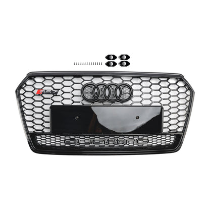 2016-2018 Audi 4G A7 S7 Facelift RS7 Quattro Style Front Bumper Grill Glossy Black Honeycomb Grille W/ Ring Emblem