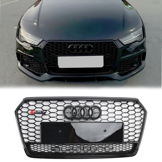 2016-2018 Audi 4G A7 S7 Facelift RS7 Quattro Style Front Bumper Grill Glossy Black Honeycomb Grille W/ Ring Emblem