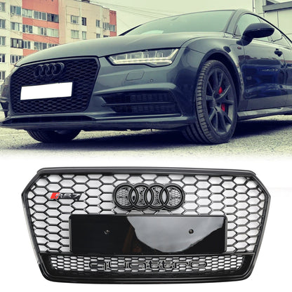 2016 2017 2018 Audi A7 / A7 Sline / S7 4G Front Bumper Honeycomb Grill RS7 Style Black Sport Mesh Grille W/ Ring Emblem