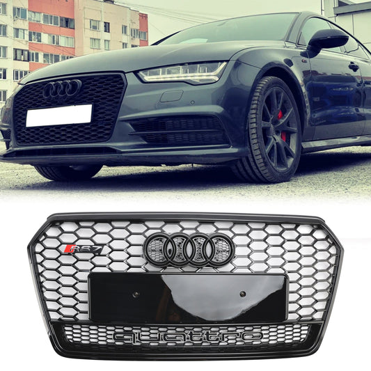 2016 2017 2018 Audi A7 / A7 Sline / S7 4G Front Bumper Honeycomb Grill RS7 Style Black Sport Mesh Grille W/ Ring Emblem