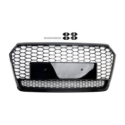 2016-2018 Audi 4G A7 S7 Facelift RS7 Quattro Style Front Bumper Grill Glossy Black Honeycomb Grille W/ Ring Emblem