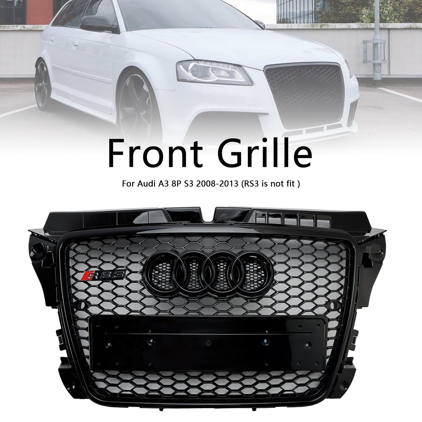 2008-2013 Audi 8P A3/ A3 Sline/ S3 Black Honeycomb Front Grille RS3 Mesh Hex Bumper Replacemetn Grill With Ring Emblem