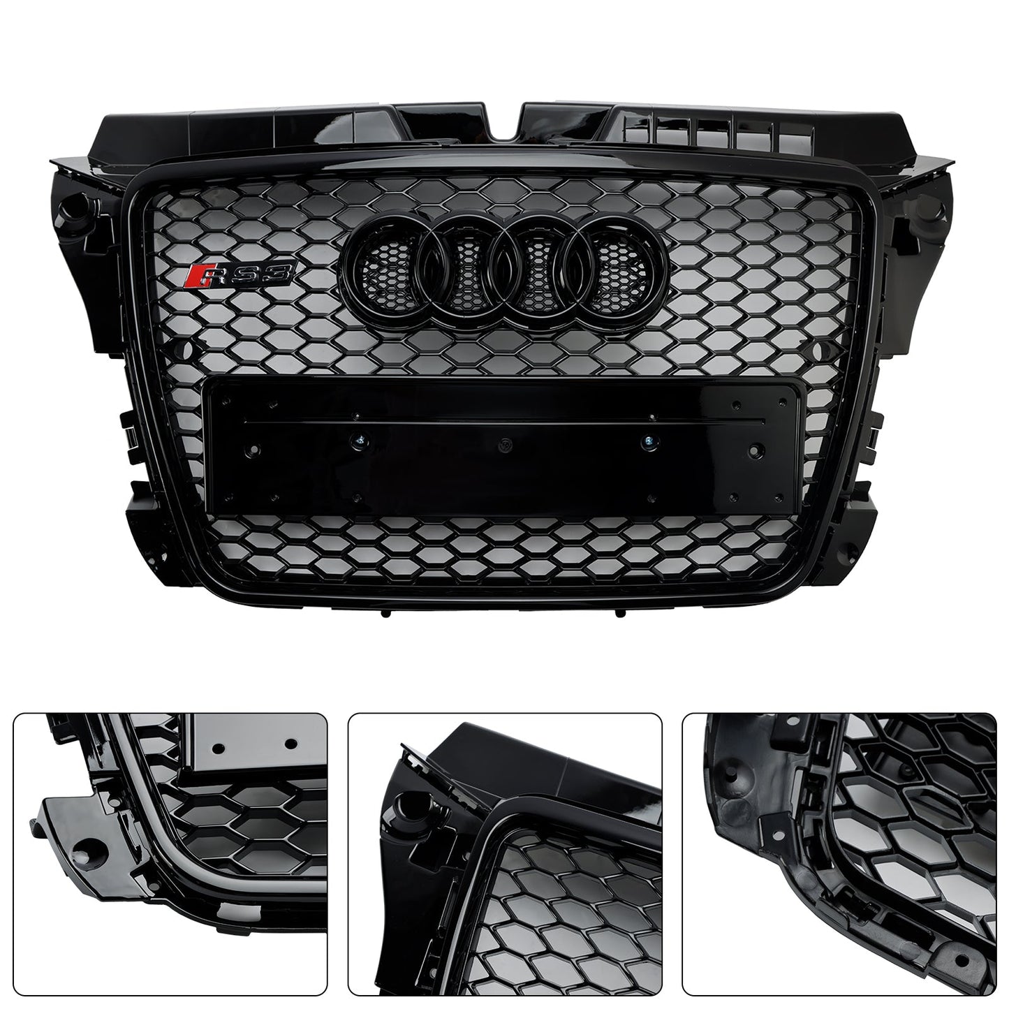 2008-2013 Audi 8P A3/ A3 Sline/ S3 Black Honeycomb Front Grille RS3 Mesh Hex Bumper Replacemetn Grill With Ring Emblem