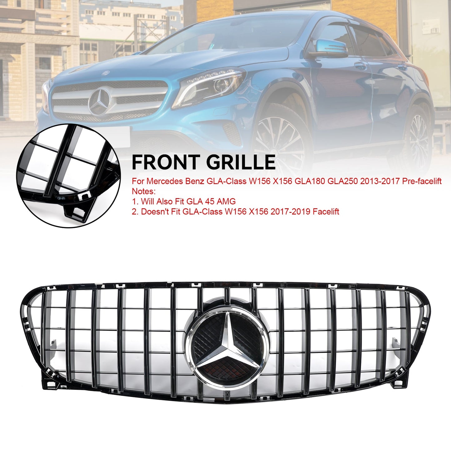 2013-2017 Mercedes Benz GLA-Class W156 X156 GLA200/220/250/GLA45 Front Bumper Grill Black GT Style Grille