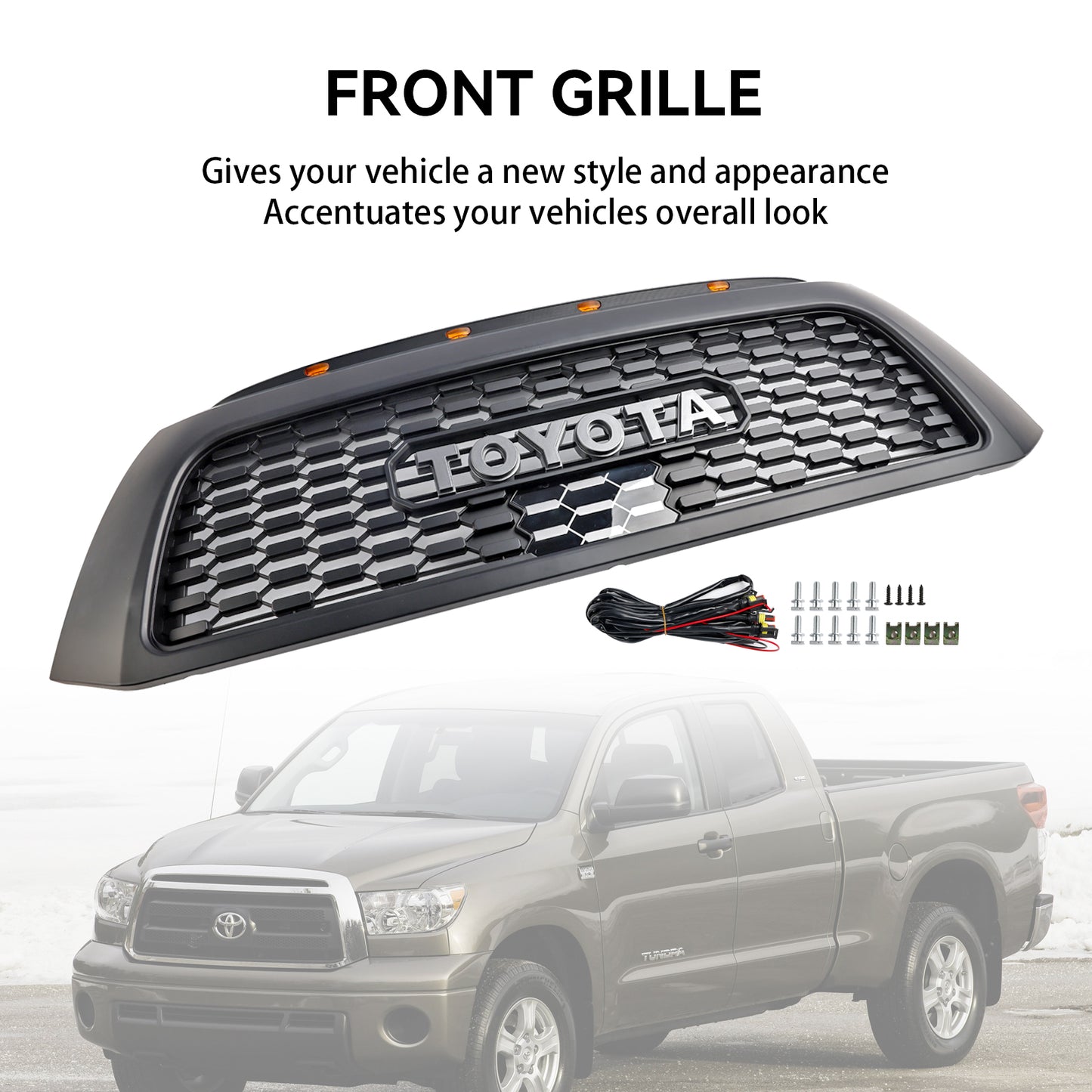 TRD PRO Style | Toyota Tundra | Matte Black | Front Bumper Grille | 2006-2009 | Honeycomb Mesh Grill + LED Light + Letter
