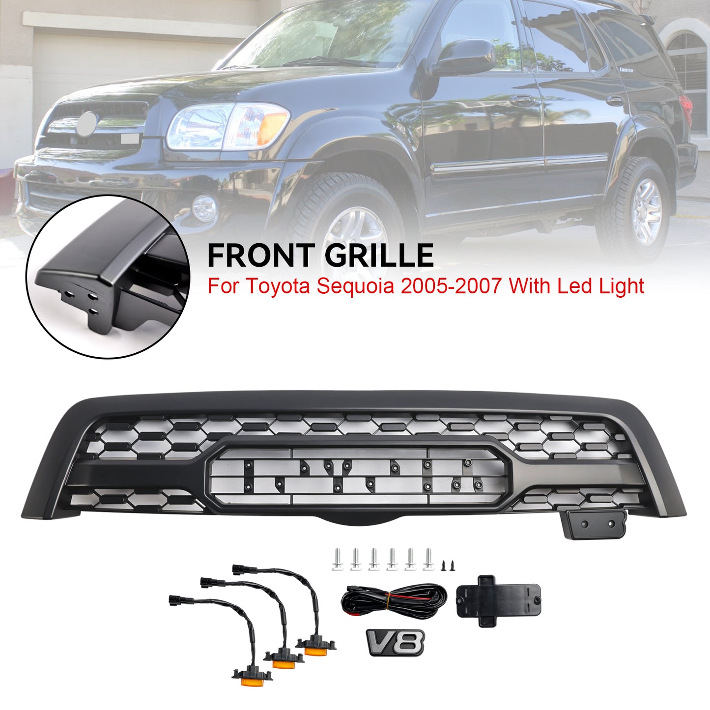 Toyota Sequoia 2005 2006 2007 TRO PRO Grill Black Front Bumper Replacement Grille With LED Light