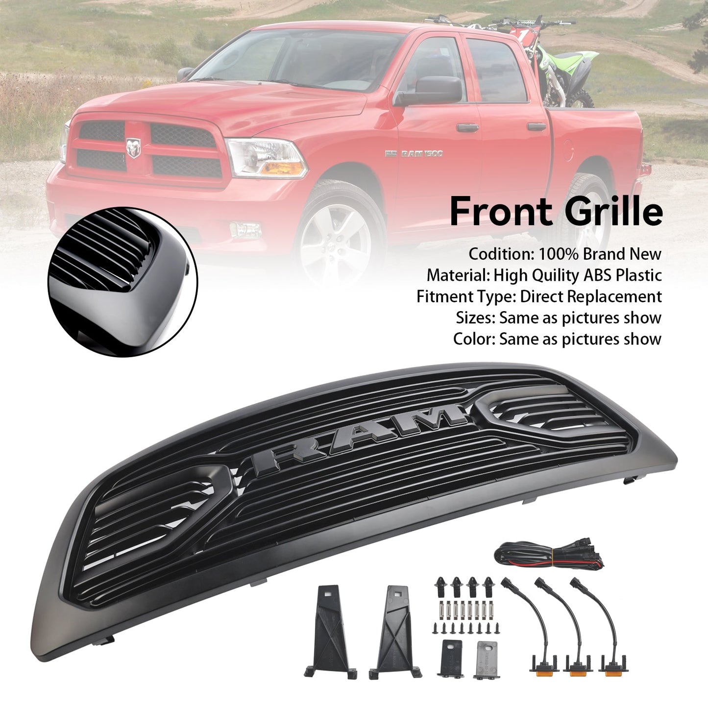 2009-2012 Dodge Ram 1500 Big Horn Style Front Bumper Grill Matte Black Replacement Grille W/ LED Lights