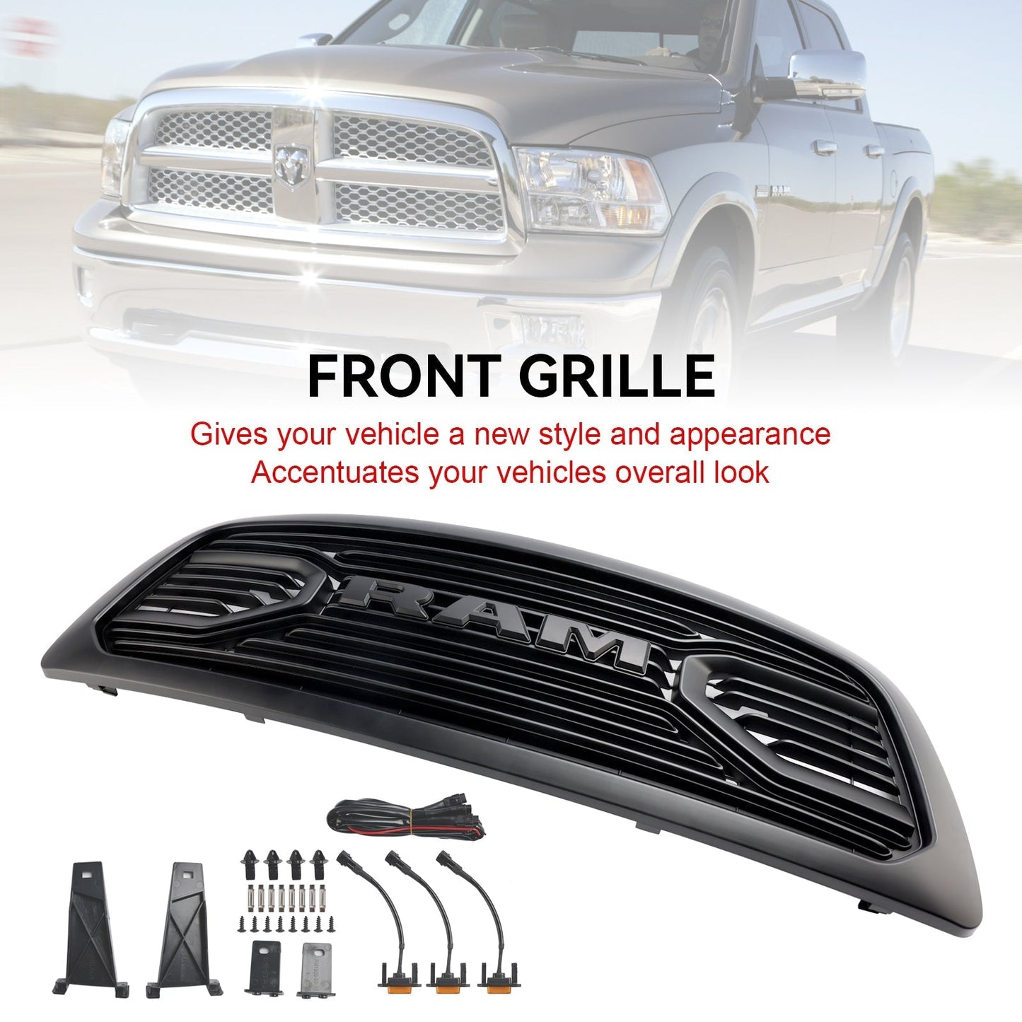 2009-2012 Dodge Ram 1500 Matte Black Front Bumper Grill Grille W/ Led Light