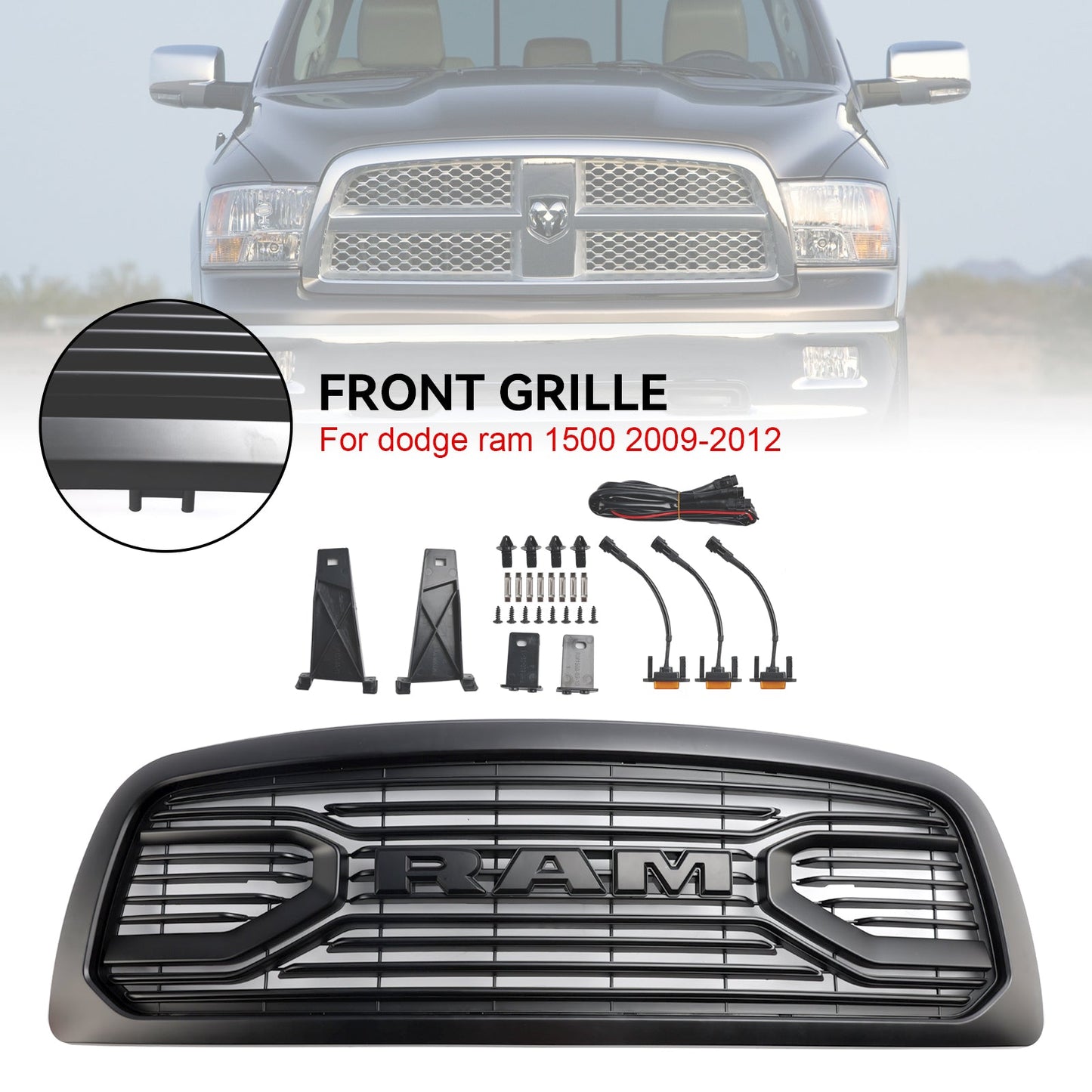 2009-2012 Dodge Ram 1500 Big Horn Style Front Bumper Grill Matte Black Replacement Grille W/ LED Lights
