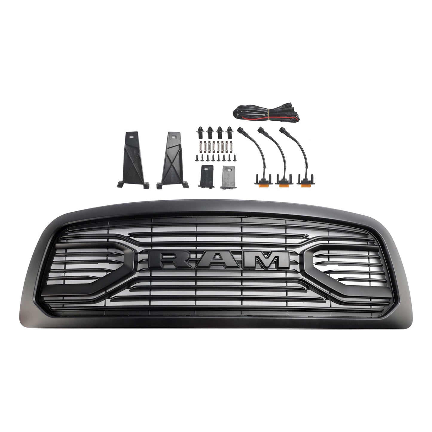 2009-2012 Dodge Ram 1500 Big Horn Style Front Bumper Grill Matte Black Replacement Grille W/ LED Lights