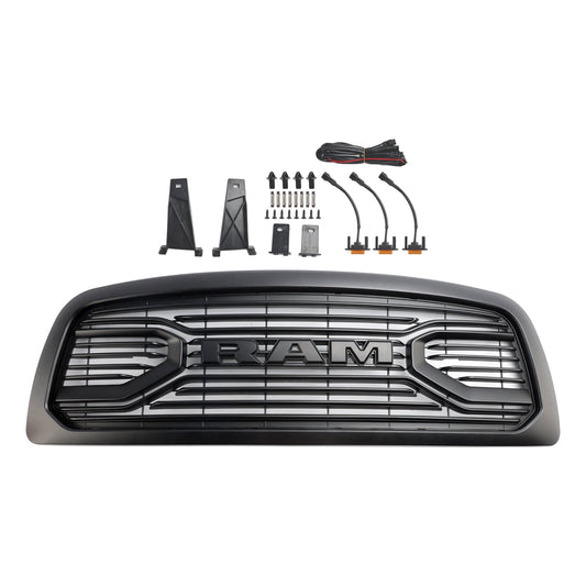 2009-2012 Dodge Ram 1500 Big Horn Style Front Bumper Grill Matte Black Replacement Grille W/ LED Lights