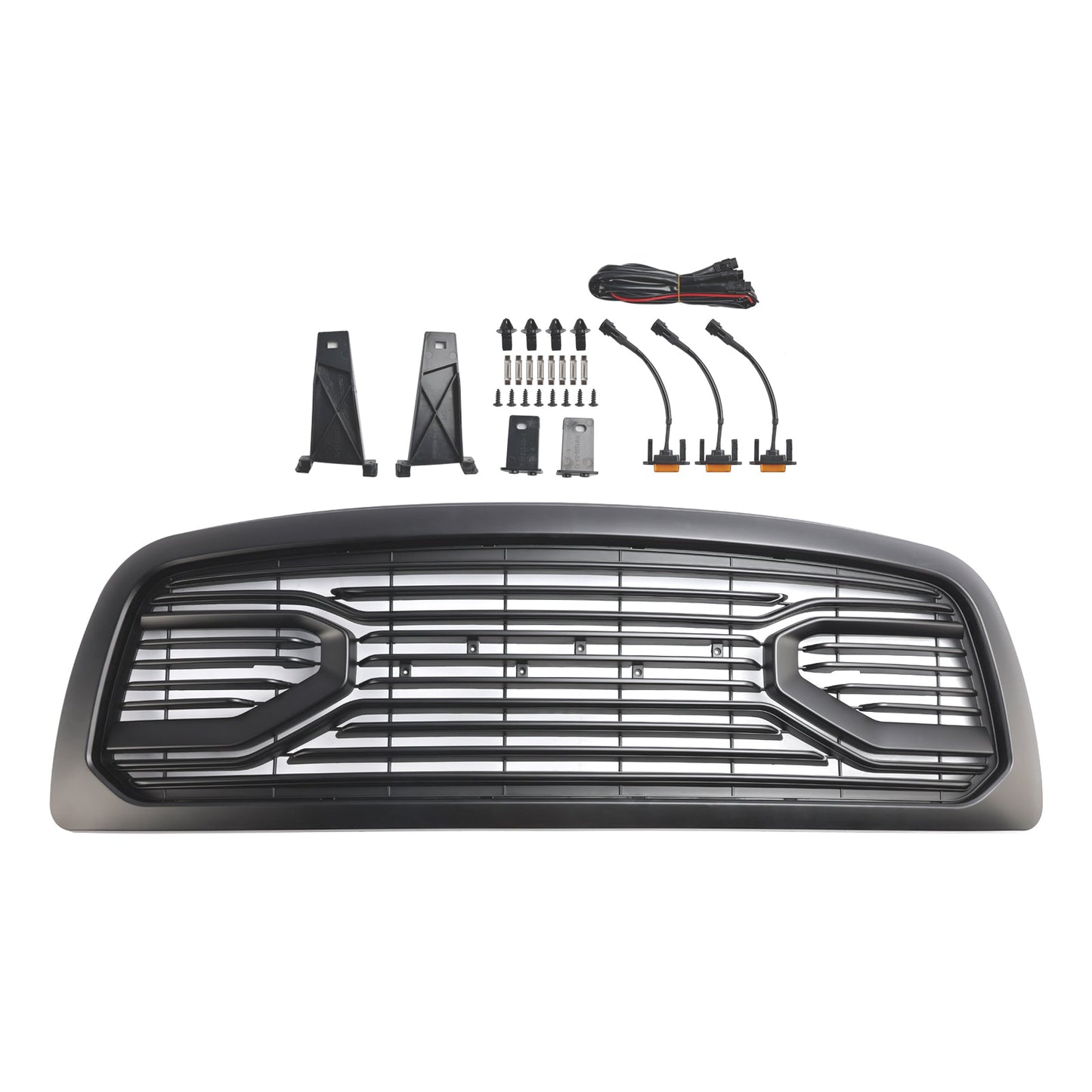 2009-2012 Dodge Ram 1500 Big Horn Style Front Bumper Grill Matte Black Replacement Grille W/ LED Lights
