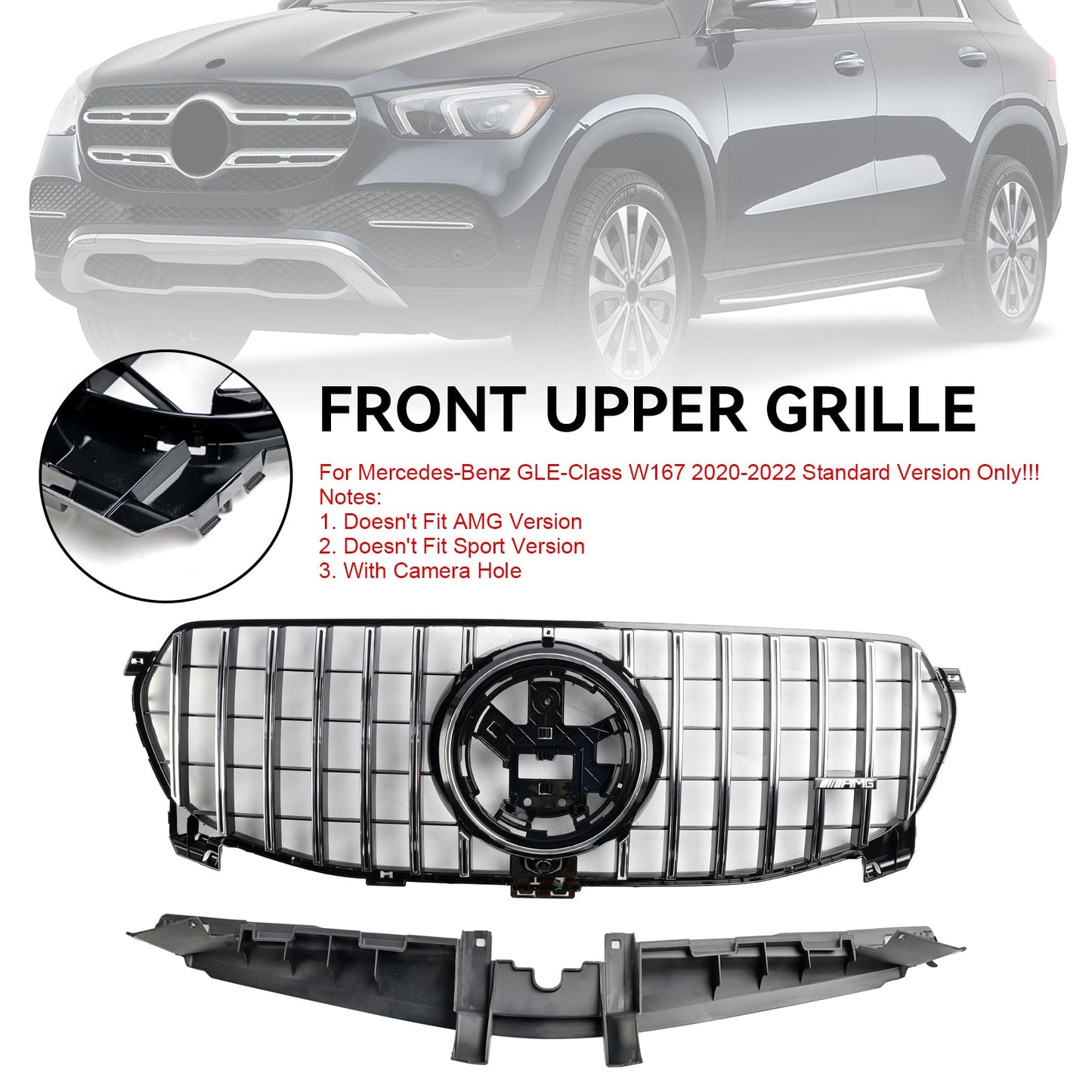 2020-2022 Mercedes-Benz GLE-Class W167 GLE350/450/400d Standard Front Bumper Grille Glossy Black Grill