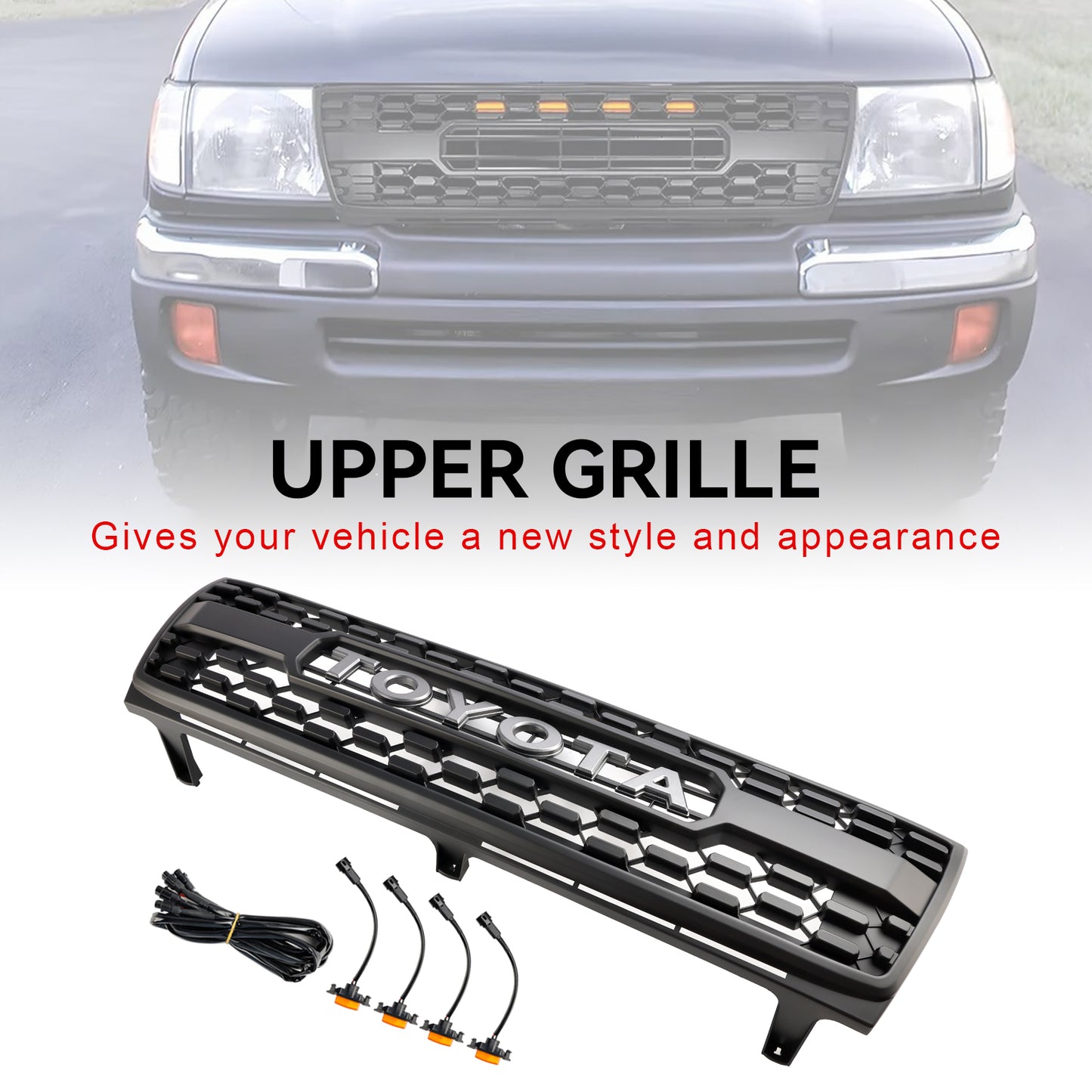 1997-2000 Toyota Tacoma Honeycomb Front Bumper Grill TRD PRO Style Black Grille W/ LED Light