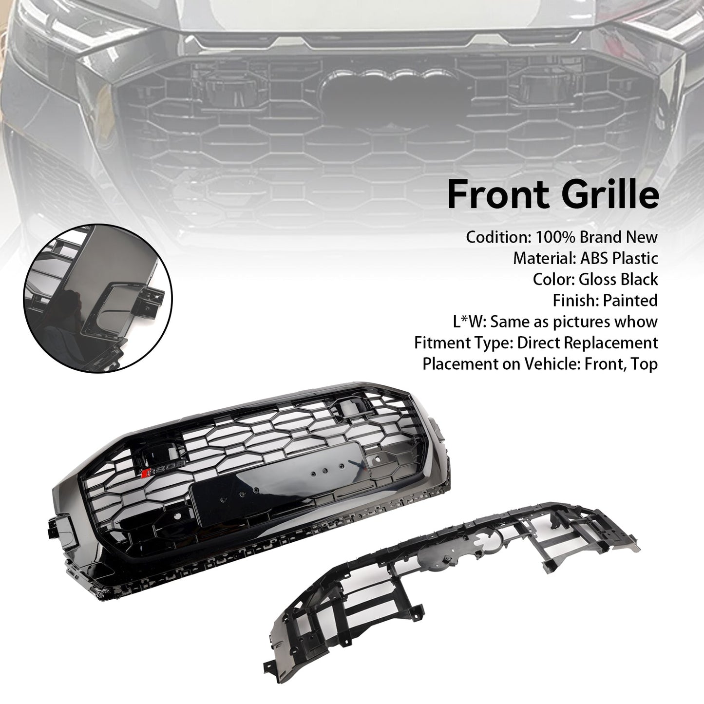 2019-2023 Audi Q8/SQ8 Gloss Black Front Honeycomb Mesh Grille RSQ8 Style