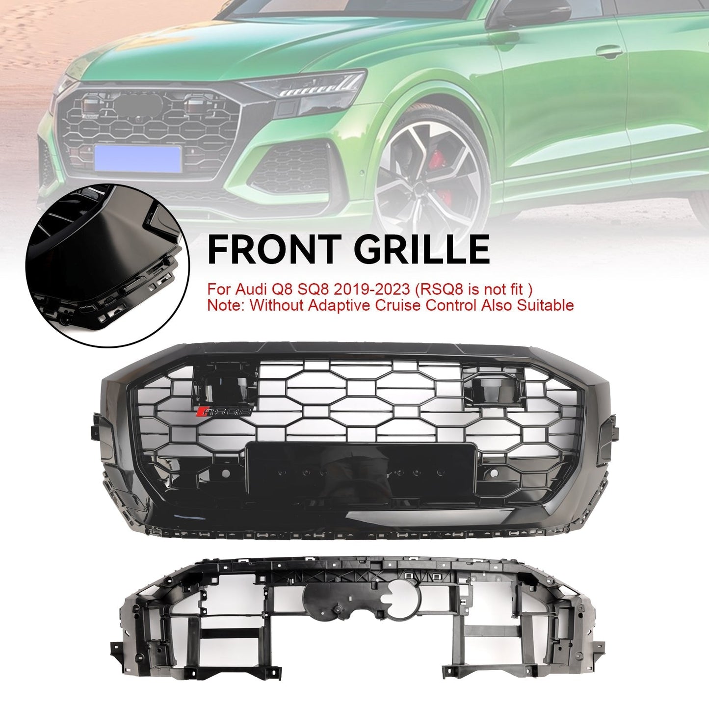2019-2023 Audi Q8/SQ8 Gloss Black Front Honeycomb Mesh Grille RSQ8 Style