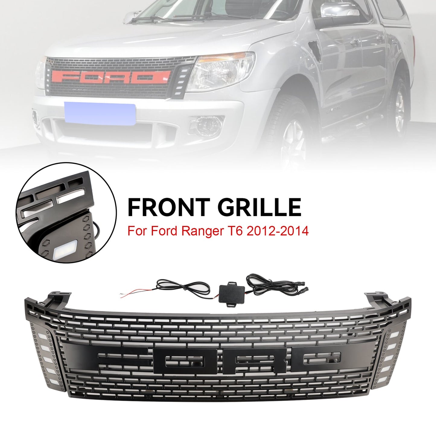 2012 2013 2014 2015 Raptor Style Ford Ranger T6 PX1 Matte Black Front Grill Air Intake Radiator Grille With LED Light