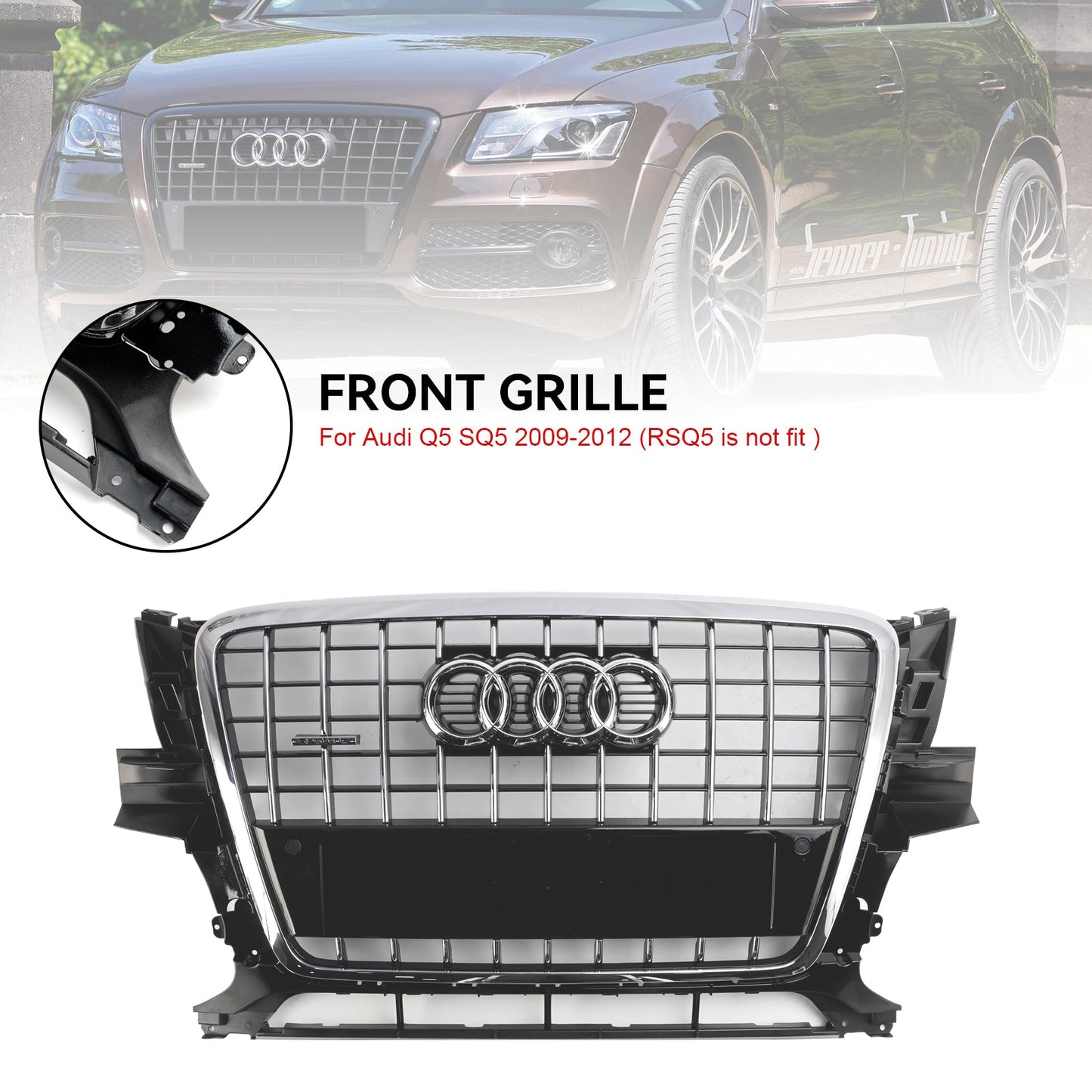 Audi Q5 2009-2012 Front Bumper Horizontal Slat Grill Chrome Grille W/ Ring Emblem