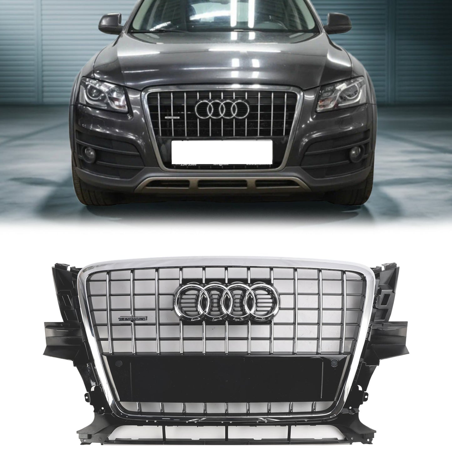 Audi Q5 2009-2012 Front Bumper Horizontal Slat Grill Chrome Grille W/ Ring Emblem