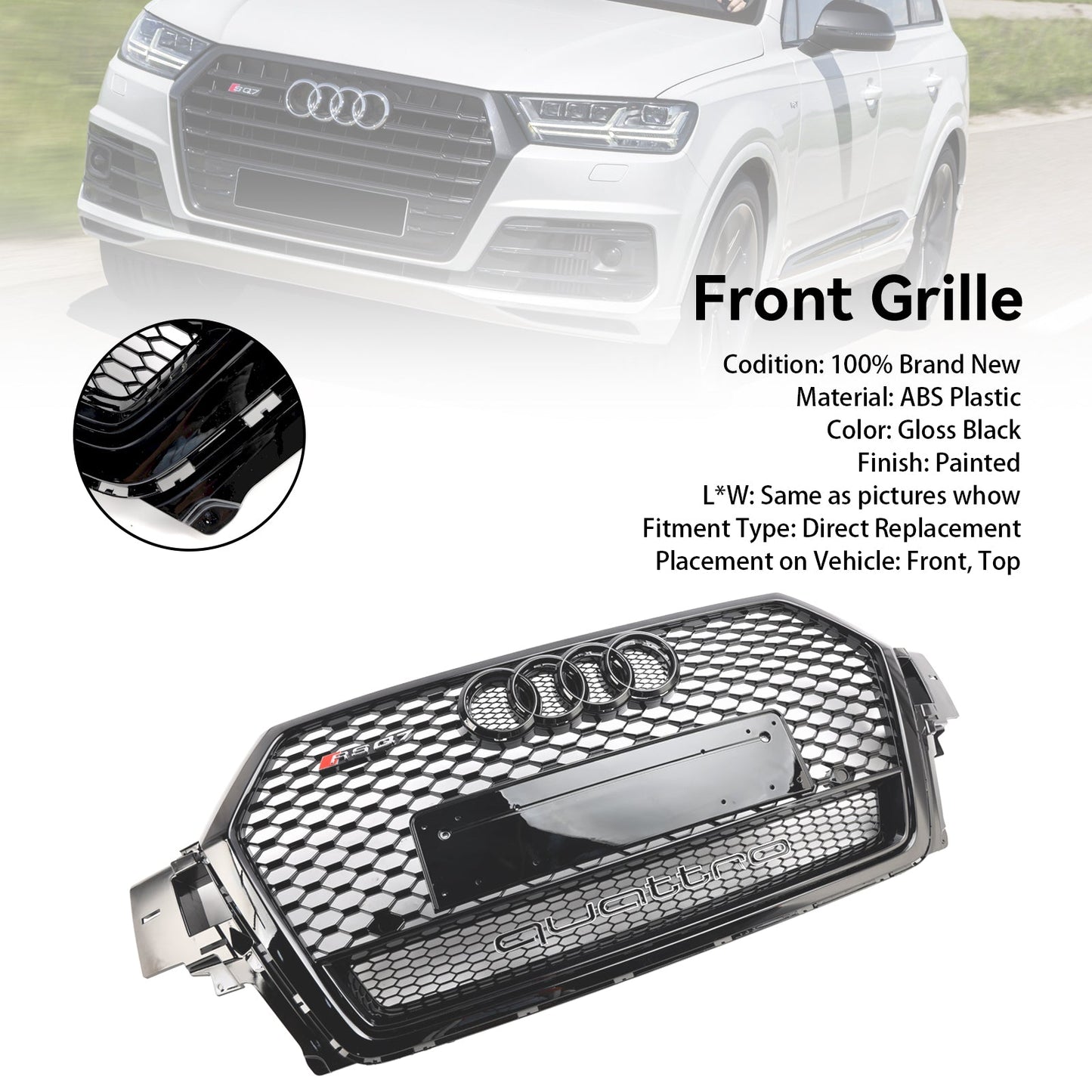 2016-2019 Audi Q7 / Q7 Sline / SQ7 RSQ7 Style Front Bumper Honeycomb Mesh Grill Gloss Black Grille