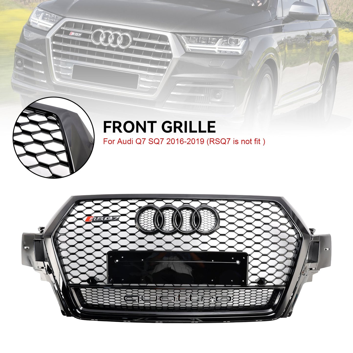 2016-2019 Audi Q7 / Q7 Sline / SQ7 Glossy Black Front Bumper Grill W/ Ring Emblem RSQ7 Honeycomb Quattro Grille