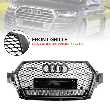 2016-2019 Audi Q7 / Q7 Sline / SQ7 Glossy Black Front Bumper Grill W/ Ring Emblem RSQ7 Honeycomb Quattro Grille
