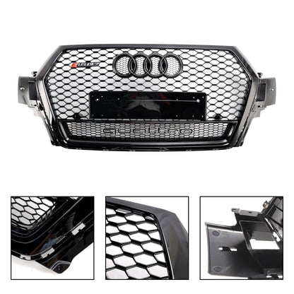 2016-2019 Audi Q7 / Q7 Sline / SQ7 Glossy Black Front Bumper Grill W/ Ring Emblem RSQ7 Honeycomb Quattro Grille