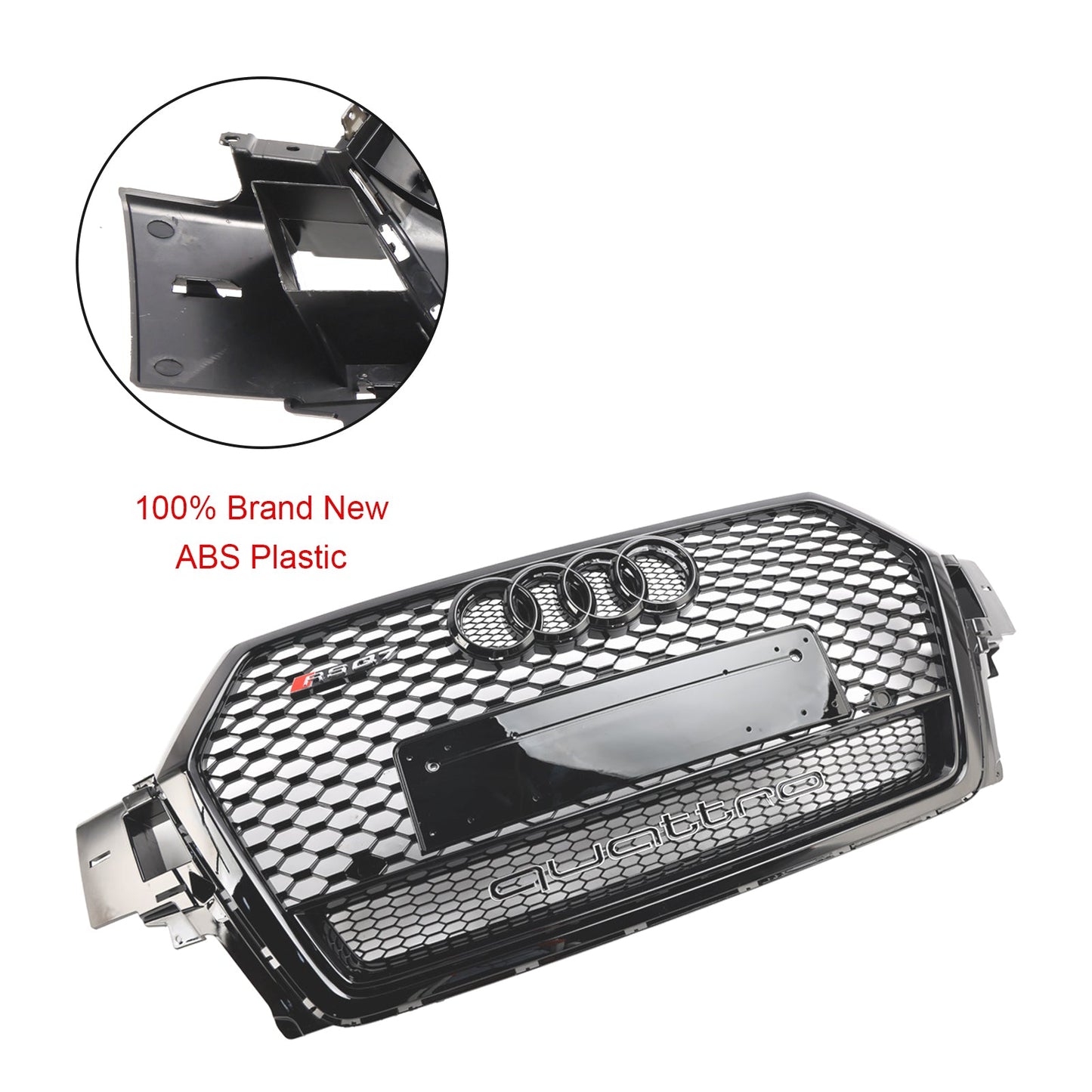 2016-2019 Audi Q7 / Q7 Sline / SQ7 Glossy Black Front Bumper Grill W/ Ring Emblem RSQ7 Honeycomb Quattro Grille