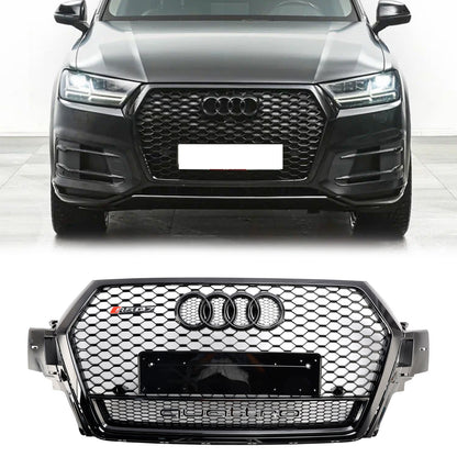 2016-2019 Audi Q7 / Q7 Sline / SQ7 Glossy Black Front Bumper Grill W/ Ring Emblem RSQ7 Honeycomb Quattro Grille