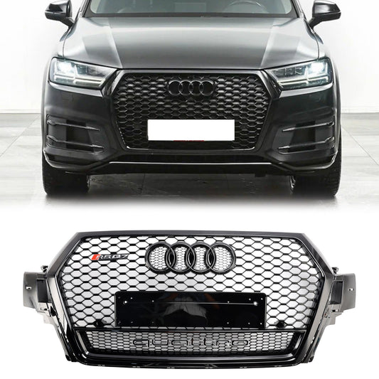 2016-2019 Audi Q7 / Q7 Sline / SQ7 Glossy Black Front Bumper Grill W/ Ring Emblem RSQ7 Honeycomb Quattro Grille