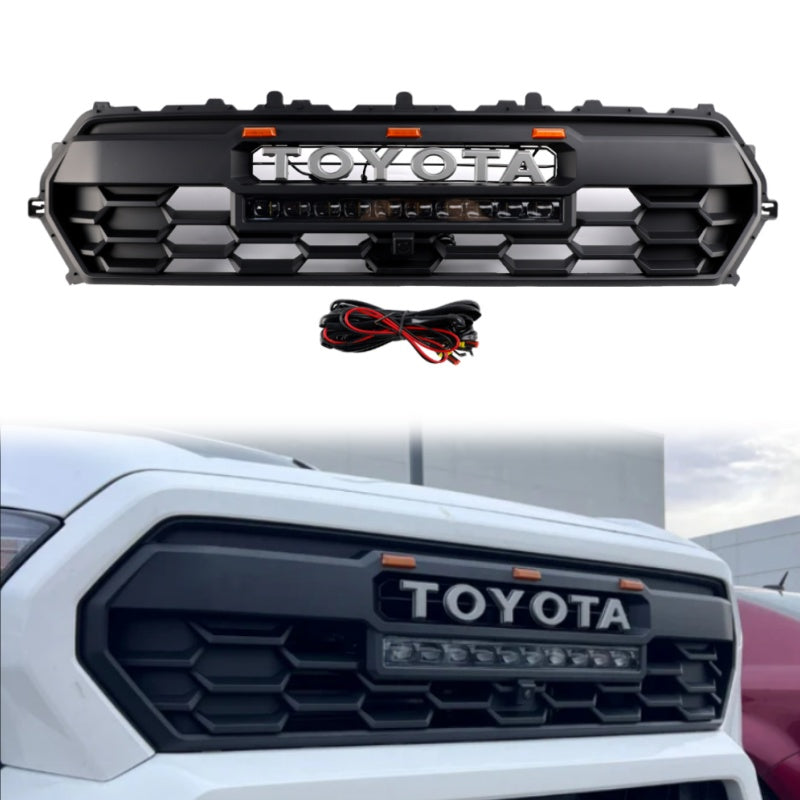 Toyota 2024-2025 Tacoma TRD Pro Front Grille Black Honeycomb Grill + LED Light + Light Bar + Letter