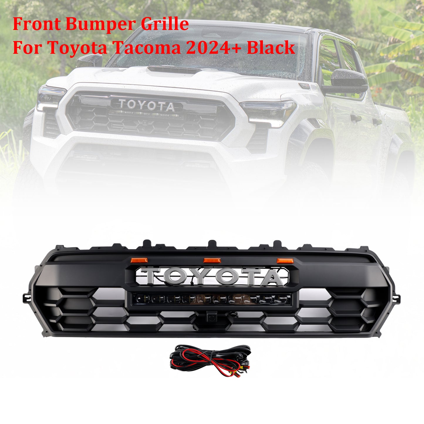 Toyota 2024-2025 Tacoma TRD Pro Front Grille Black Honeycomb Grill + LED Light + Light Bar + Letter