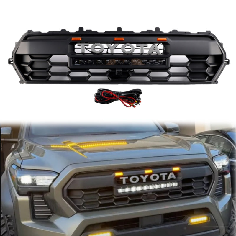 Toyota 2024-2025 Tacoma TRD Pro Front Grille Black Honeycomb Grill + LED Light + Light Bar + Letter