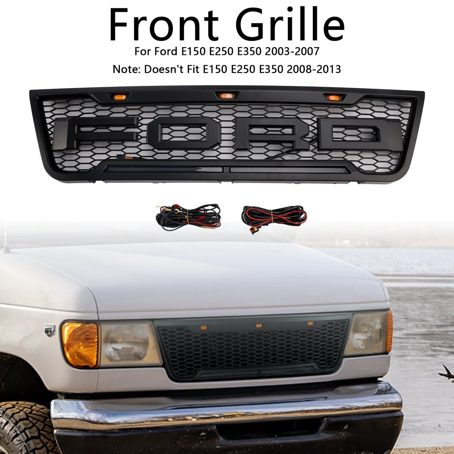 2003-2007 Ford E150 E250 E350 Black Front Bumper Grill Grille With Led