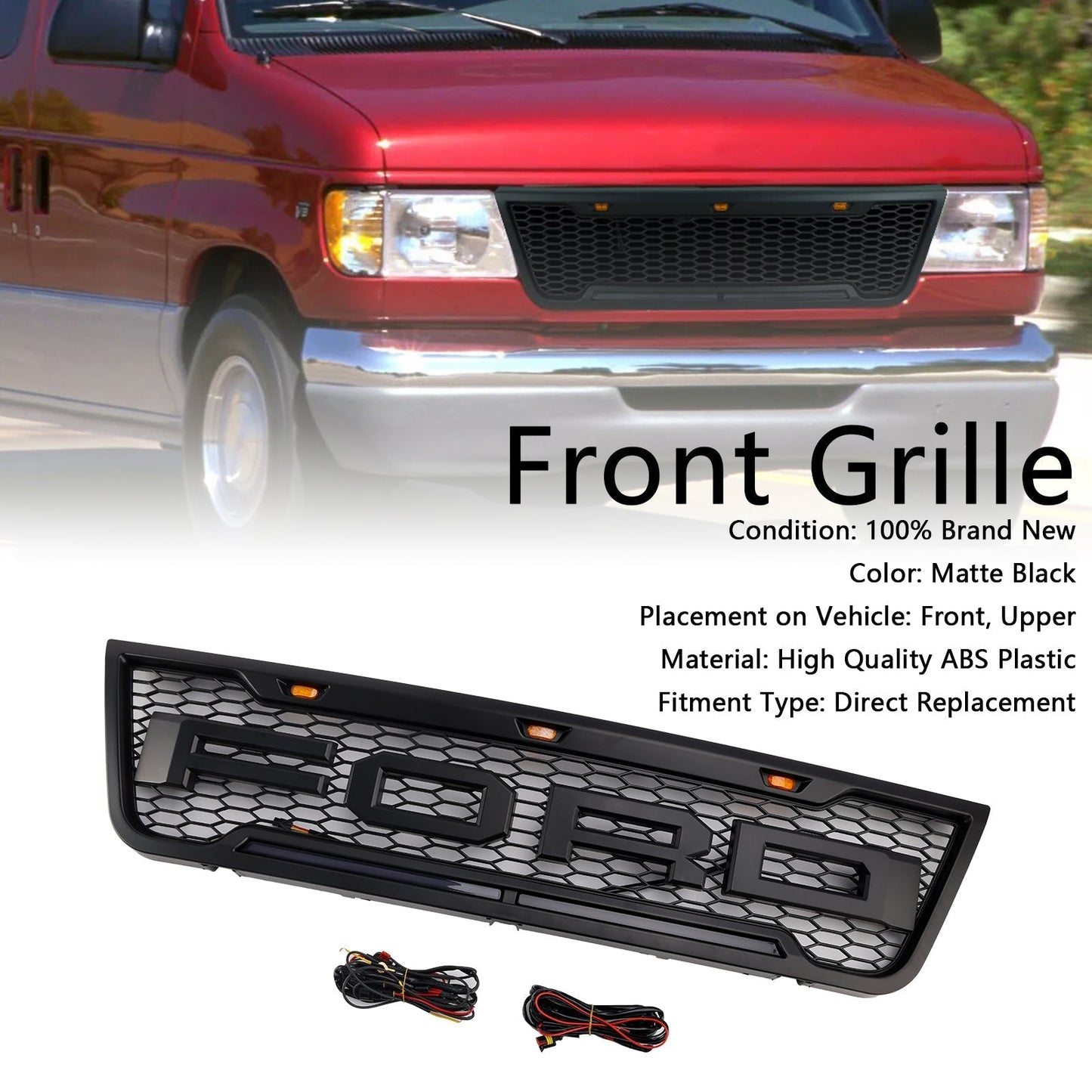 2003-2007 Ford E150 E250 E350 Black Front Bumper Grill Grille With Led