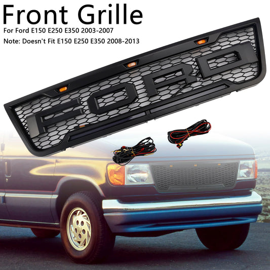 Ford E150 E250 E350 2003 2004 2005 2006 2007 Front Grille Black Air Intake Radiator Bumper Grill With LED & Letter