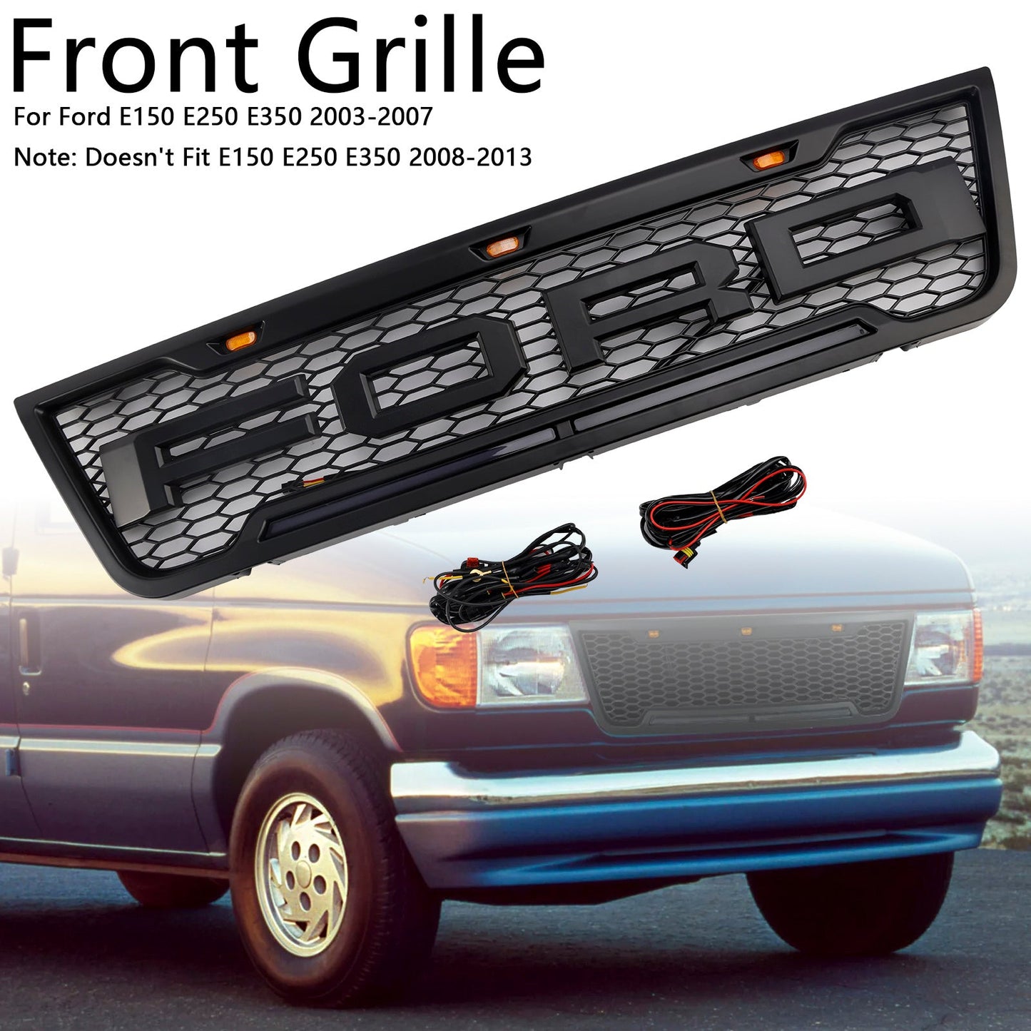 Ford E150 E250 E350 Honeycomb Style Grill 2003-2007 Front Bumper Center Replacement Black Grille + LED Light