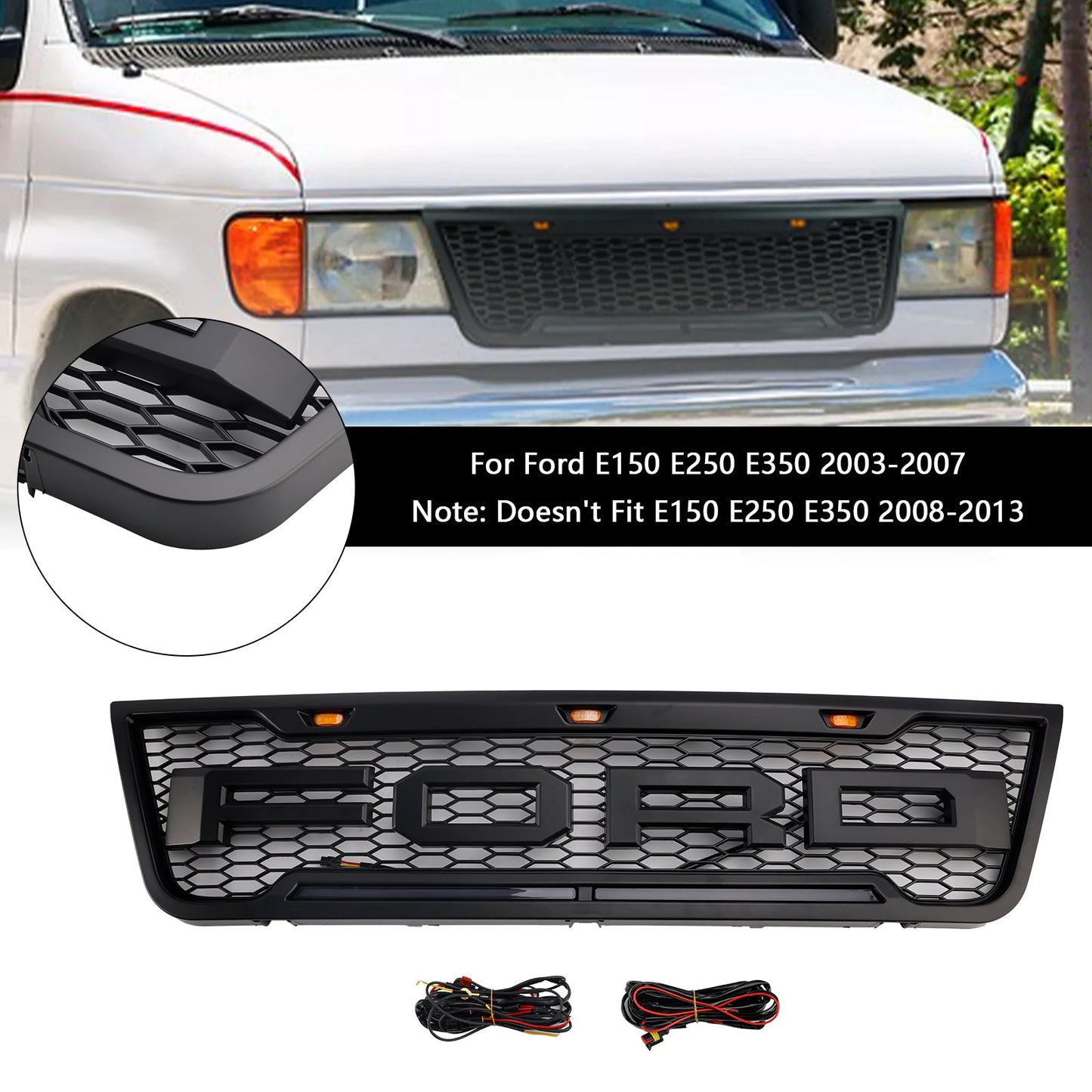 2003-2007 Ford E150 E250 E350 Grill Front Bumper Matte Black Replacement Grille W/ LED Light