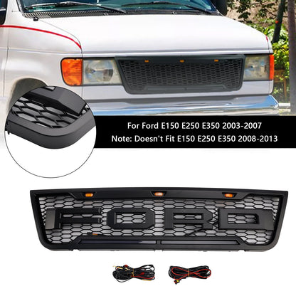 2003-2007 Ford E150 E250 E350 Grill Front Bumper Matte Black Replacement Grille W/ LED Light