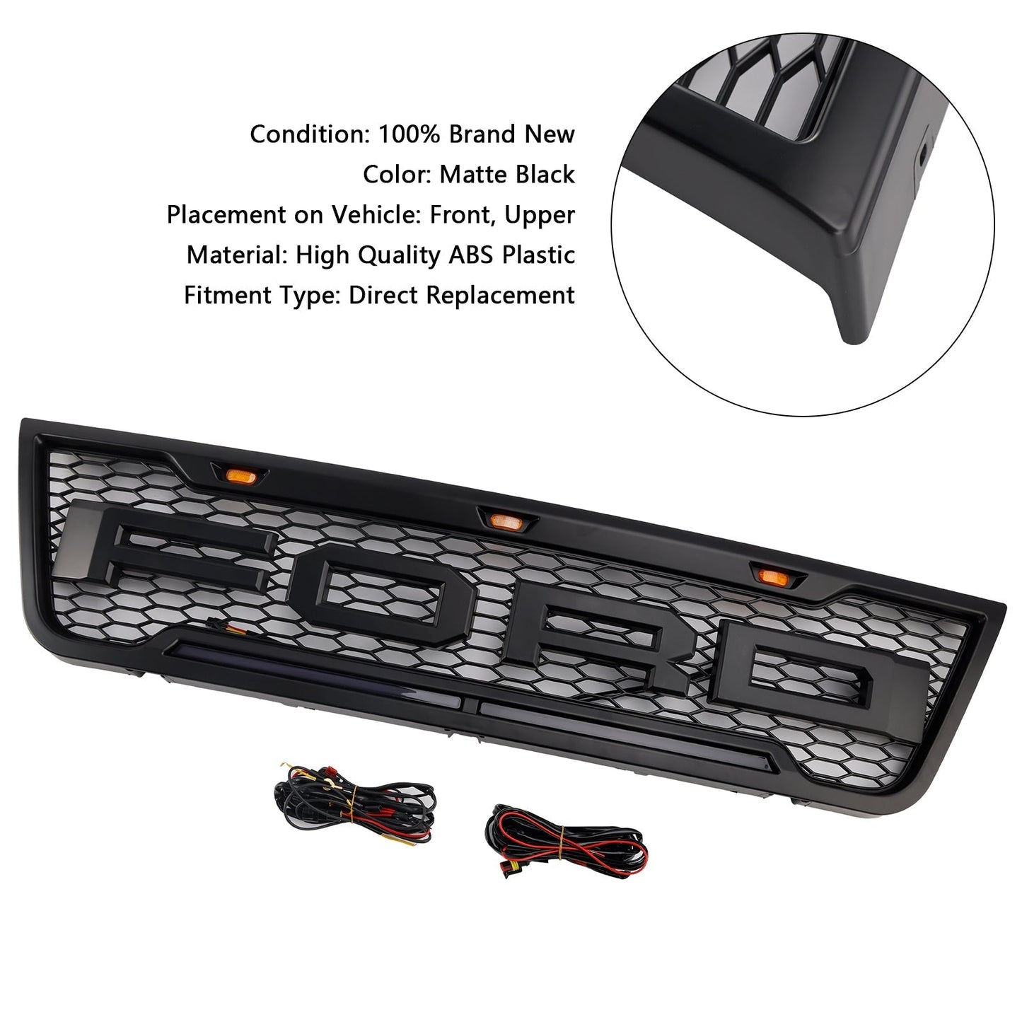 2003-2007 Ford E150 E250 E350 Black Front Bumper Grill Grille With Led